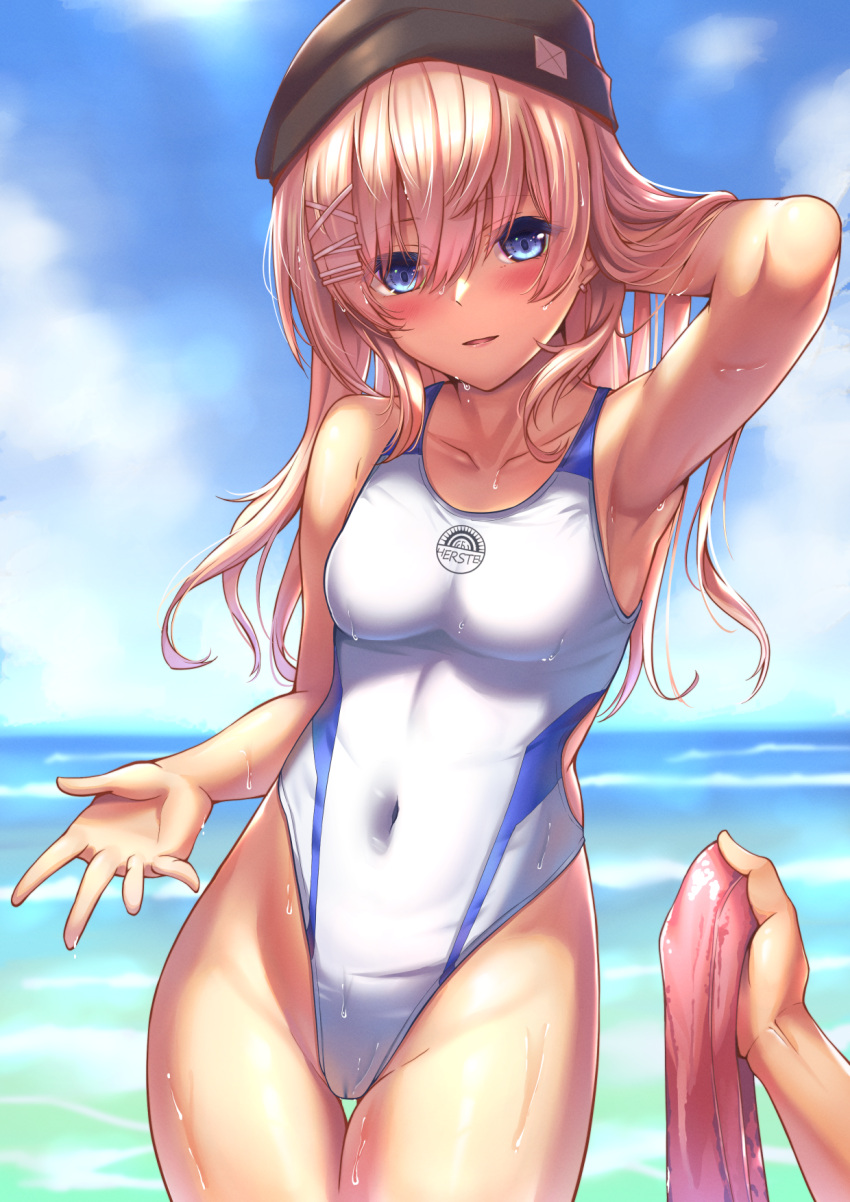 1other armpits baseball_cap black_headwear blue_eyes blue_sky blush breasts cloud collarbone commentary_request competition_swimsuit covered_navel cowboy_shot day female girls'_frontline hat highleg highleg_swimsuit highres horizon light_brown_hair long_hair looking_at_viewer medium_breasts ocean one-piece_swimsuit open_mouth outdoors scar-l_(girls'_frontline) sky solo_focus swimsuit thigh_gap water wet white_one-piece_swimsuit xlscaler