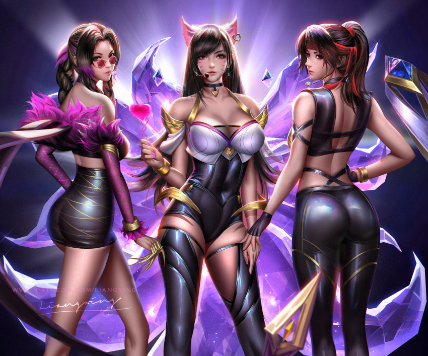 3girls aerith_gainsborough ahri_(league_of_legends) ahri_(league_of_legends)_(cosplay) animal_ears artist_name ass bangle black_hair bracelet breasts brown_hair choker cleavage commentary cosplay drop_earrings earrings english_commentary evelynn_(league_of_legends) evelynn_(league_of_legends)_(cosplay) fake_animal_ears final_fantasy final_fantasy_vii final_fantasy_vii_remake fox_ears fox_tail glowing_tail headband high-waist_skirt highres jessie_rasberry jewelry k/da_(league_of_legends) k/da_ahri k/da_evelynn k/da_kai'sa kai'sa kai'sa_(cosplay) league_of_legends leotard liang_xing looking_at_viewer looking_over_eyewear multicolored_hair multiple_girls nose patreon_username photoshop_(medium) ponytail purple-tinted_eyewear red_headband signature skirt standing streaked_hair sunglasses swept_bangs tail thighhighs tifa_lockhart tinted_eyewear web_address