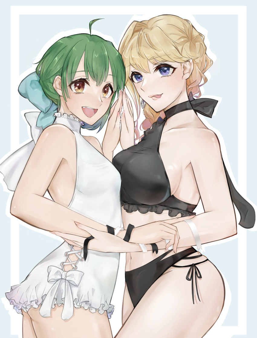 2girls absurdres asymmetrical_docking black_panties blonde_hair blue_eyes bow breast_press breasts brown_eyes dress from_side green_hair hair_behind_ear halterneck highres holding_another's_arm kabu_(kaopako_) macross macross_frontier macross_frontier:_toki_no_meikyu medium_breasts midriff multiple_girls navel open_mouth panties ranka_lee sheryl_nome sideboob small_breasts underwear white_bow white_dress