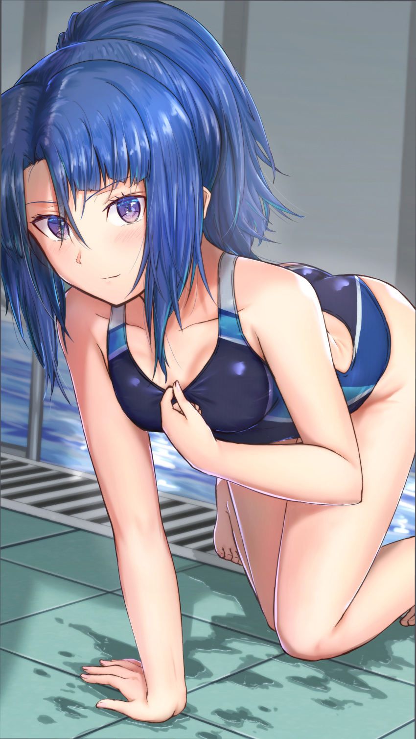 absurdres alice_gear_aegis ass blue_hair commentary competition_swimsuit eyes_visible_through_hair female food highres legs looking_at_viewer one-piece_swimsuit origami_yakko ponytail pool poolside purple_eyes sidelocks solo swimsuit takanashi_rei thighs