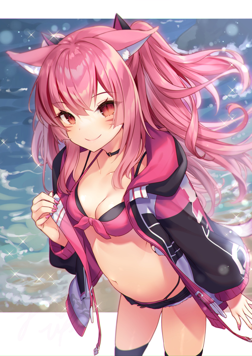 animal_ear_fluff animal_ears bikini bikini_under_clothes black_bikini black_choker black_jacket black_shorts black_thighhighs blush breasts cat_ears cat_girl cat_tail choker cleavage closed_mouth collarbone commentary_request commission facial_mark female final_fantasy final_fantasy_xiv hair_between_eyes hand_up highres hood hood_down hooded_jacket jacket leaning_forward long_sleeves looking_at_viewer miqo'te nail_polish open_clothes open_jacket original outdoors panty_straps pink_bikini pink_hair pink_nails ponytail puffy_long_sleeves puffy_sleeves red_eyes short_shorts shorts skeb_commission small_breasts smile solo swimsuit tahya tail thighhighs warrior_of_light_(ff14) water whisker_markings