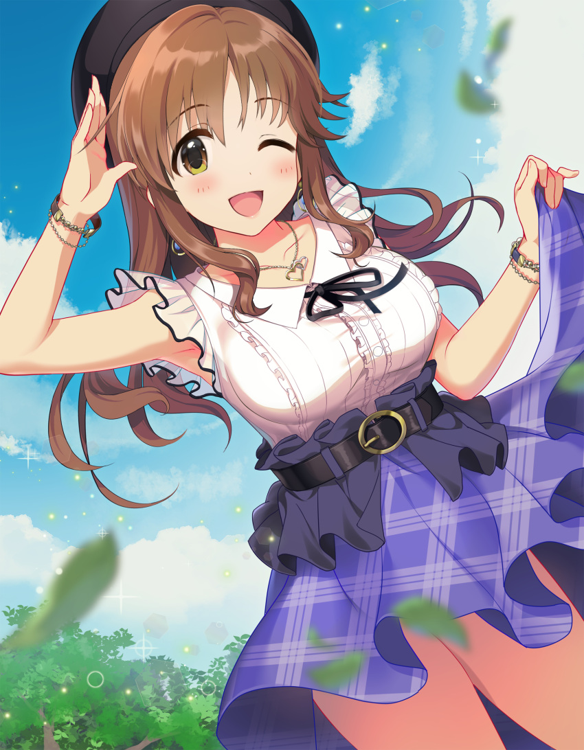 belt beret black_hat blush bracelet breasts brown_eyes brown_hair commentary_request earrings female hair_down hand_up hat heart heart_necklace highres idolmaster idolmaster_cinderella_girls idolmaster_cinderella_girls_starlight_stage jewelry large_breasts long_hair looking_at_viewer natsuya_(natuya777) necklace one_eye_closed open_mouth outdoors purple_skirt skirt skirt_hold smile solo totoki_airi