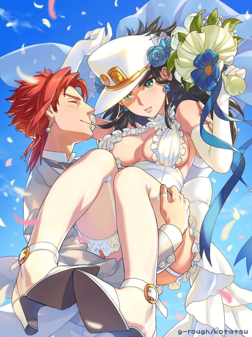 1boy 1girls 2017 absurd_res artist_name bare_shoulders black_hair bouquet bow breasts bridal_veil bride cleavage closed_eyes clothed clothing diamond_is_unbreakable dress earrings elbow_gloves female garter_belt genderswap_(mtf) gloves good_end green_eyes groom happy hat high_heels highres holding holding_bouquet husband_and_wife jewelry jojo's_bizarre_adventure jotaro_kujo large_breasts lipstick looking_at_another male male_on_female necktie noriaki_kakyoin outdoors princess_carry red_hair ribbon rule_63 short_hair sideboob sky smile standing stardust_crusaders suit suspension teeth thick_thighs thighhighs thighs tora_ryū veil wedding wedding_dress white_dress white_gloves white_suit wholesome