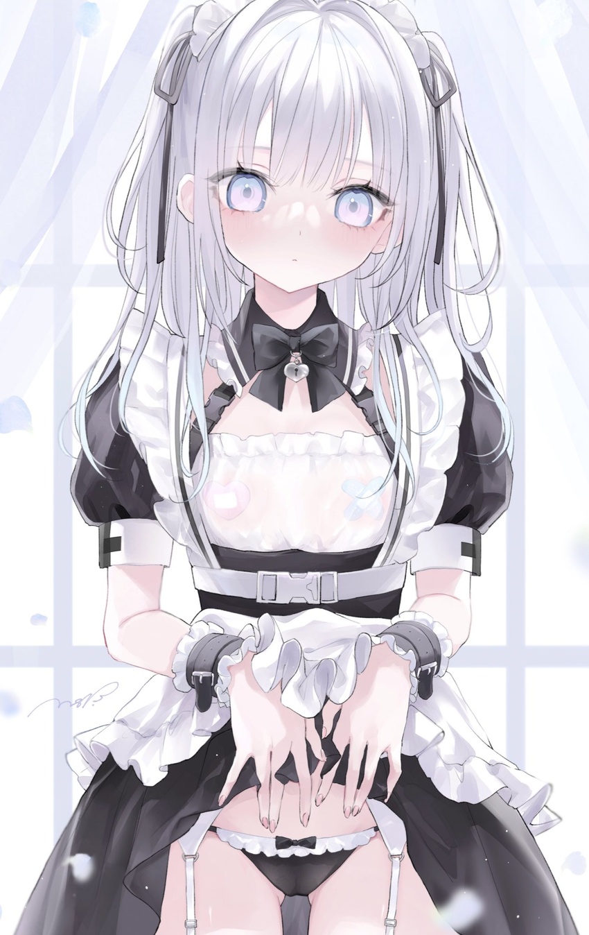 apron ass_visible_through_thighs bad_id bad_twitter_id blush bow bow_panties clothes_lift commentary_request cowboy_shot curtains dress dress_lift eyes_visible_through_hair female fingernails flat_chest frills garter_straps grey_eyes highres long_fingernails long_hair looking_at_viewer maid mashiro_shiki mikuro_(si10ra) original panties pasties pink_nails puffy_short_sleeves puffy_sleeves see-through short_sleeves signature solo standing two_side_up underwear waist_apron white_hair wrist_cuffs