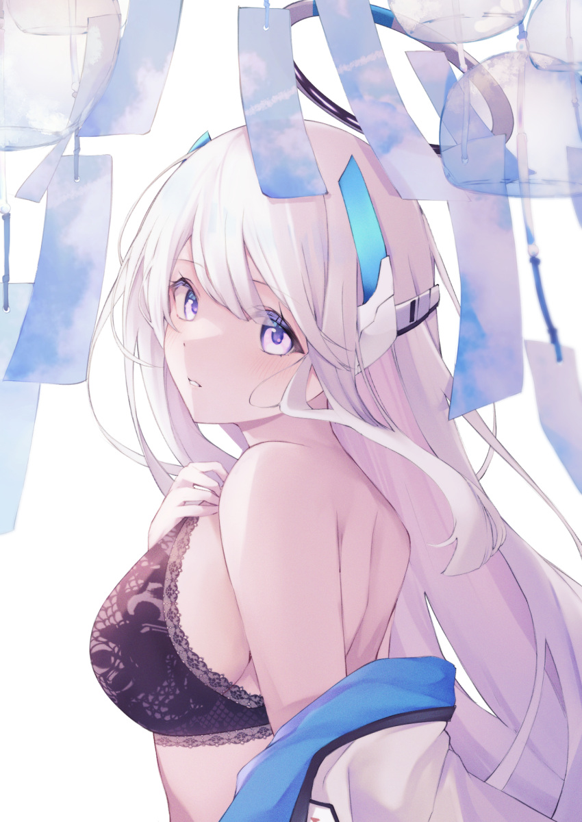 bad_id bad_twitter_id black_bra blue_archive blush bra breasts female from_side grey_hair halo hand_on_own_chest headgear highres hojiro_same jacket lace-trimmed_bra lace_trim large_breasts long_hair looking_at_viewer mechanical_halo noa_(blue_archive) off_shoulder parted_lips purple_eyes sideboob sidelocks solo swept_bangs underwear white_jacket wind_chime