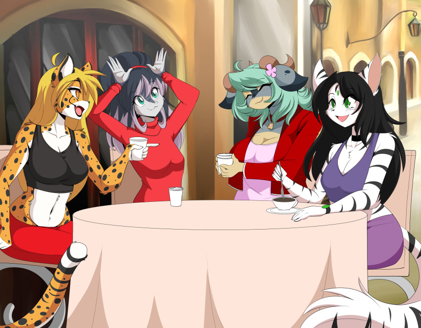 absurd_res anthro bovid breasts caprine cheetah clothed clothing container cup domestic_cat felid feline felis female fully_clothed furniture goat group hi_res mammal mihari pantherine sagestrike2_(artist) table tiger