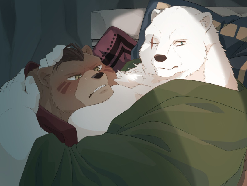 00makumakuma00 2019 4:3 anthro bear belly blush brown_body brown_fur crushfang_(sdorica_sunset) dagger_(sdorica_sunset) duo fur hi_res hug humanoid_hands kumao male mammal overweight overweight_male polar_bear scar sdorica ursine white_body white_fur