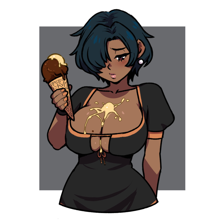 akairiot between_breasts black_dress black_hair blush breasts brown_eyes cleavage clothing_cutout commentary dark-skinned_female dark_skin dress earrings female fingernails food food_on_body food_on_breasts front-tie_top hair_over_one_eye highres ice_cream ice_cream_cone ice_cream_cone_spill jewelry large_breasts looking_down mole mole_on_breast orange_nails original paz_ruiz_(akairiot) sad sexually_suggestive short_hair shortstack simple_background simulated_paizuri solo spill underboob_cutout very_dark_skin