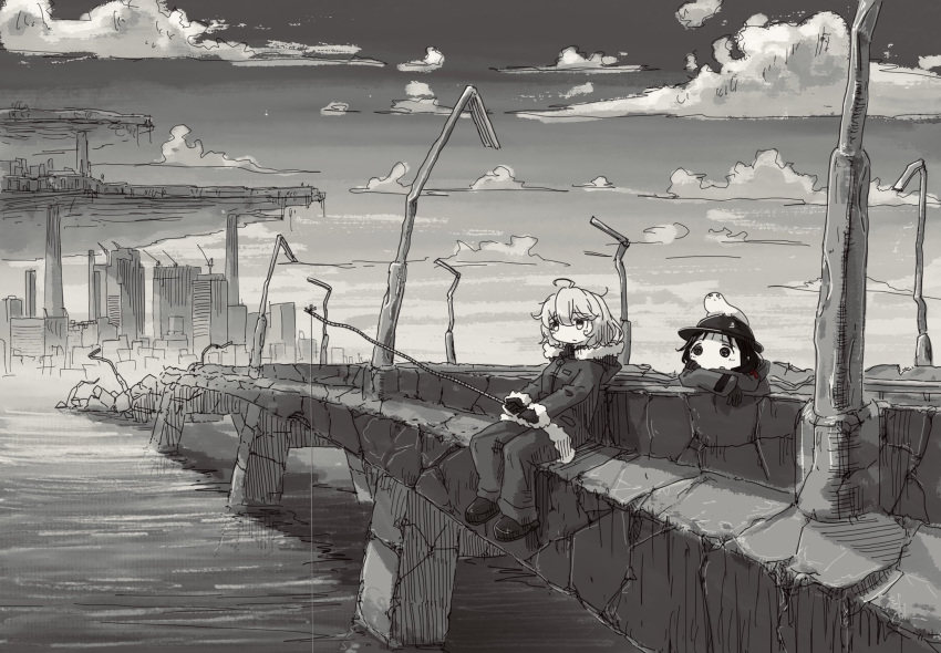 2girls chito_(shoujo_shuumatsu_ryokou) closed_mouth coat commentary fishing gloves greyscale helmet highres leoleonardk10 long_hair long_sleeves looking_at_another looking_away monochrome multiple_girls nuko_(shoujo_shuumatsu_ryokou) outdoors shoujo_shuumatsu_ryokou sitting yuuri_(shoujo_shuumatsu_ryokou)