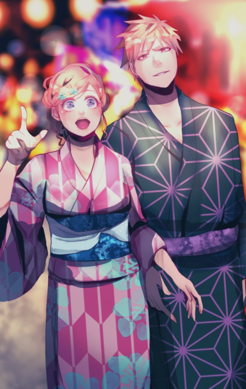 1boy :d alternate_costume alternate_hairstyle black_kimono bleach blurry blurry_background blush brown_eyes collarbone female hair_ornament hair_up hairpin highres inoue_orihime japanese_clothes kimono kurosaki_ichigo open_mouth orange_hair pink_kimono pointing purple_eyes smile suzuwa_(sununatsusan)