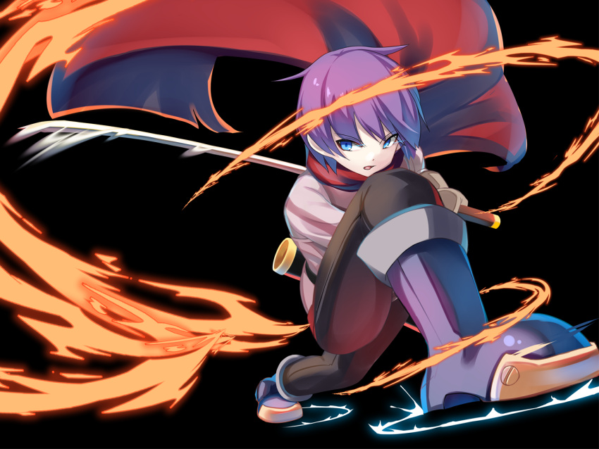 1boy black_background blue_eyes boots cape embers luka_(mon-musu_quest!) male_focus mon-musu_quest! mon-musu_quest:_paradox official_art open_mouth purple_hair shiki_(psychedelic_g2) short_hair simple_background solo sword weapon