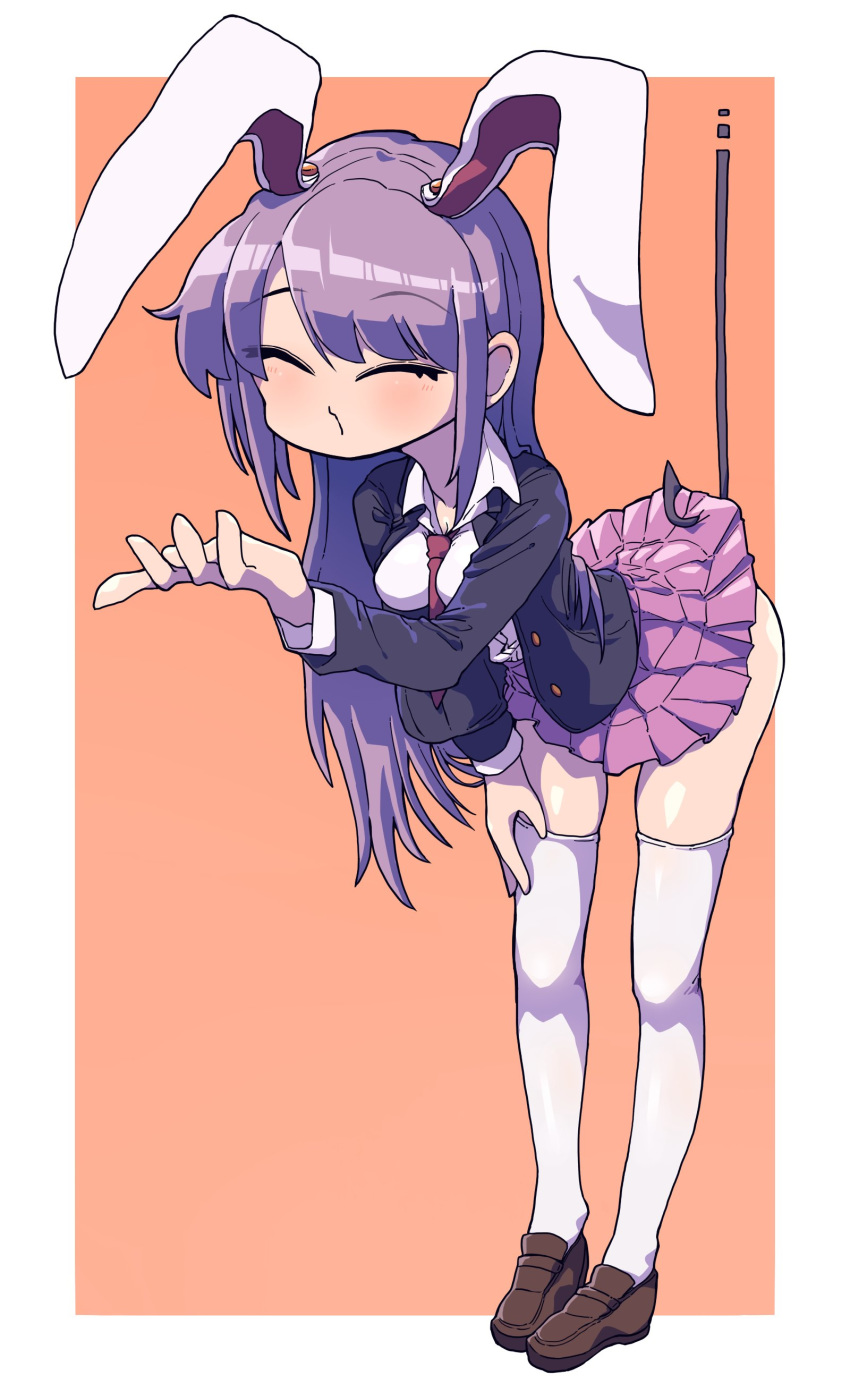 :o absurdres animal_ears ass awa_(bihidasu) black_jacket blazer blouse blush border breasts brown_footwear closed_eyes clothes_pull collared_shirt commentary female fishing_hook full_body hand_on_own_hip hand_up highres hook jacket leaning_forward light_purple_hair loafers long_hair medium_breasts microskirt necktie open_clothes open_mouth orange_background outside_border outstretched_arm pleated_skirt purple_hair rabbit_ears red_necktie reisen_udongein_inaba shirt shoes skirt skirt_pull solo standing swept_bangs thighhighs touhou very_long_hair white_border white_shirt white_thighhighs wing_collar zettai_ryouiki