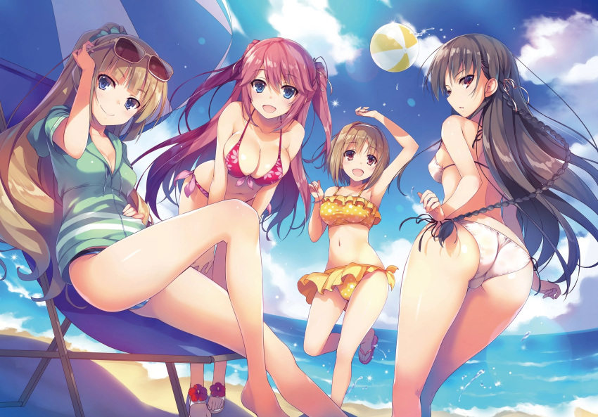 4girls ass ball bare_shoulders beach beach_chair beach_umbrella beachball bikini black_hair blonde_hair blue_eyes blue_sky braid breasts brown_eyes cloud cloudy_sky collarbone day eyewear_on_head floral_print from_behind hair_ornament hair_scrunchie hairband halterneck highres horikita_suzune karuizawa_kei kushida_kikyou large_breasts leaning_forward leg_up long_hair looking_at_viewer looking_back medium_breasts multiple_girls navel ocean official_art open_mouth outdoors pink_hair ponytail red_bikini sakura_airi sandals scrunchie shiny_skin short_hair short_sleeves side-tie_bikini_bottom sitting sky smile stomach string_bikini sunglasses swimsuit thighs tied_hair tomose_shunsaku twintails umbrella water white_bikini yellow_bikini youkoso_jitsuryoku_shijou_shugi_no_kyoushitsu_e