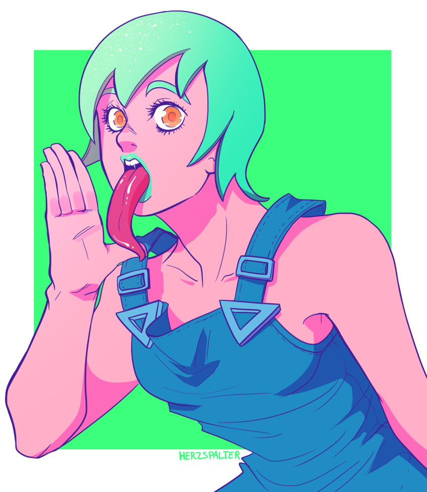 artist_name border female foo_fighters green_background green_hair hand_up herzspalter highres jojo_no_kimyou_na_bouken long_tongue looking_at_viewer orange_eyes shadow short_hair simple_background solo stone_ocean tongue tongue_out upper_body white_border