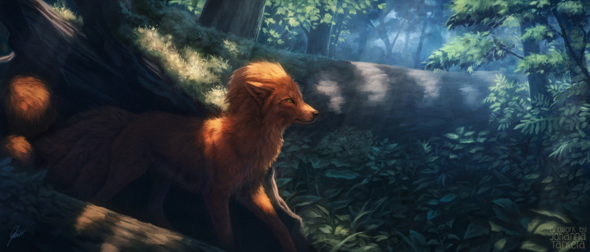 7:3 amazing_background ambiguous_gender detailed detailed_background feral fluffy forest fur generation_1_pokemon inner_ear_fluff johis light lighting multi_tail ninetales nintendo orange_body orange_fur plant pokemon pokemon_(species) side_view solo sunlight tail tree tuft vulpix