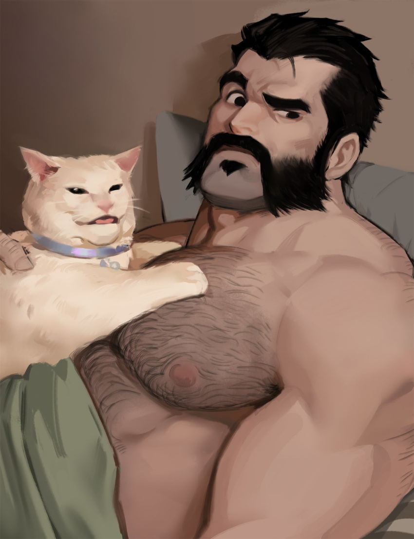 1boy animal bao_(league_of_legends) bara beard body_hair cat_on_person chest_hair covering_privates dopey_(dopq) facial_hair feline graves_(league_of_legends) highres large_pectorals league_of_legends looking_at_viewer male_focus manly mature_male meme moustache muscular muscular_male nipples nude_cover pectorals raised_eyebrow simple_background sitting solo topless_male woman_yelling_at_cat_(meme)