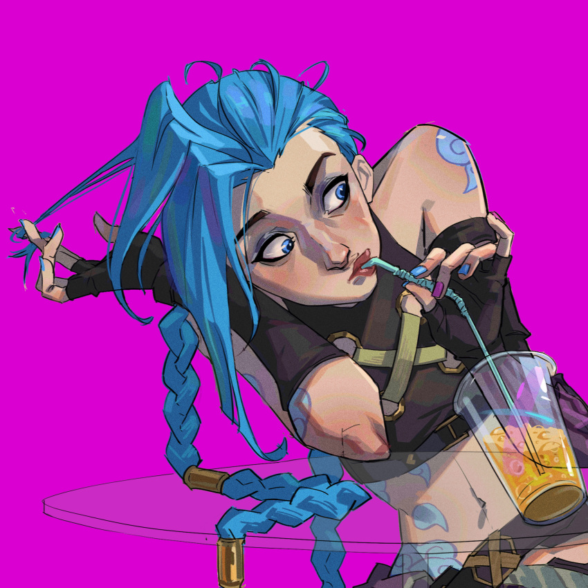 arcane:_league_of_legends arcane_jinx bare_shoulders belt blue_eyes braid brown_gloves brown_shirt cloud_tattoo commentary crop_top cup drinking_straw female fingerless_gloves gloves green_hair highres jinx_(league_of_legends) league_of_legends long_hair navel pink_background qi_mang_(qimang) shiny_skin shirt shoulder_tattoo simple_background solo stomach symbol-only_commentary tattoo twin_braids