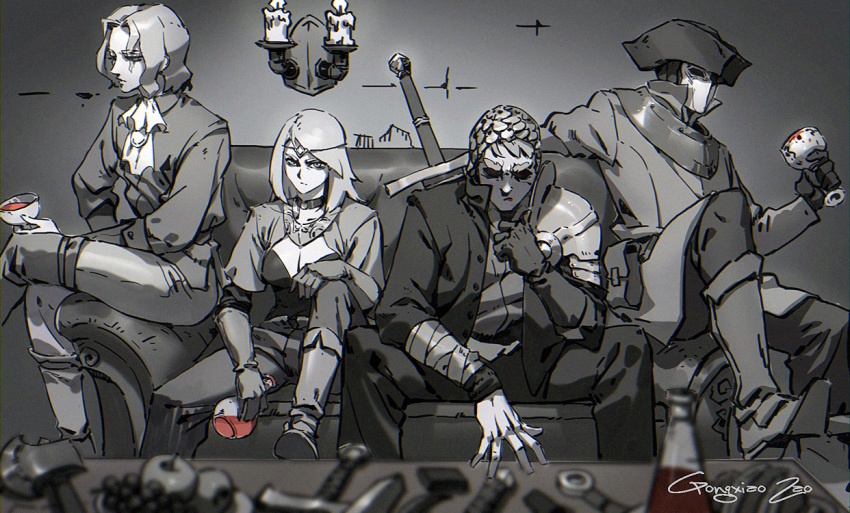 3boys armor ascot axe bandaged_arm bandages blurry blurry_foreground boots breasts candle candlestand circlet cleavage coat commentary_request couch crossed_legs cup dark_souls_(series) dark_souls_iii elbow_gloves feet_out_of_frame female gloves gongxiao_zao gorget greyscale hand_up hat hawkwood_(dark_souls) holding holding_cup hood hood_up jacket leonhard_(dark_souls) looking_at_viewer looking_away mask medium_breasts medium_hair monochrome multiple_boys open_clothes open_hand open_jacket orbeck_of_vinheim pants parted_bangs pauldrons photoshop_(medium) potion pouch sheath sheathed shirt short_hair shoulder_armor sirris_of_the_sunless_realms sitting spot_color stepping swept_bangs sword tricorne weapon weapon_on_back