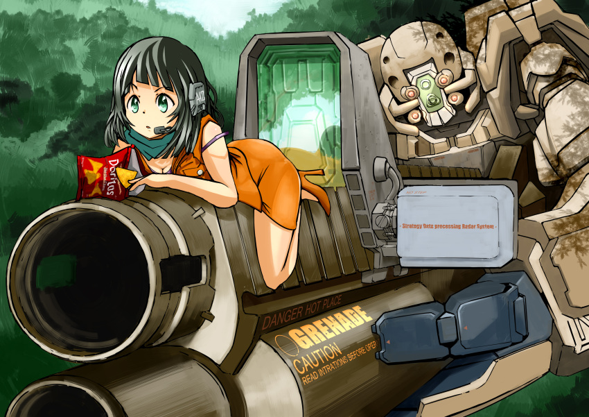 absurdres aqua_eyes aqua_scarf black_hair blunt_bangs blunt_ends breasts caution chips_(food) cleavage commentary_request day doritos english_text female food forest grenade_launcher headset high_heels highres holding holding_food holding_weapon iozb looking_ahead looking_away mecha nature on_mecha orange_skirt original outdoors pencil_skirt product_placement red_bag reflection robot scarf science_fiction shadow size_difference skirt strap_slip sunlight tree weapon