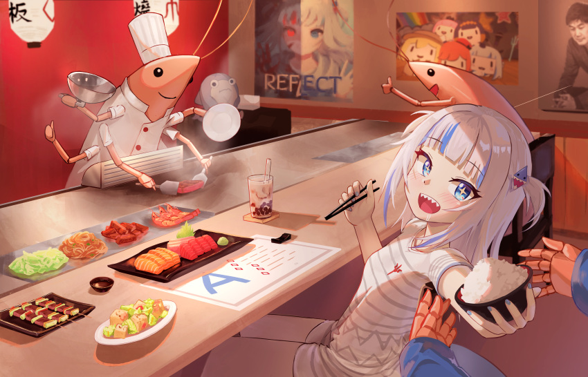 +_+ :d absurdres bloop_(gawr_gura) blue_eyes blue_hair blue_nails blunt_bangs blush bubble_tea chef_hat chinese_commentary chopsticks commentary_request cooking drooling ebi-chan_(gawr_gura) english_commentary extra_arms female food food_request gawr_gura grey_hair hat highres hirotaka0125 holding holding_chopsticks hololive hololive_english indoors lantern long_hair looking_at_viewer mixed-language_commentary mori_calliope multicolored_hair nail_polish ninomae_ina'nis open_mouth paper_lantern plate poster_(object) pov reflect_(gawr_gura) rice saliva sharp_teeth shrimp smile smol_ame smol_calli smol_gura smol_ina smol_kiara spatula streaked_hair takanashi_kiara takanashi_kiara_(1st_costume) teeth thumbs_up two-tone_hair two_side_up virtual_youtuber watson_amelia yagoo