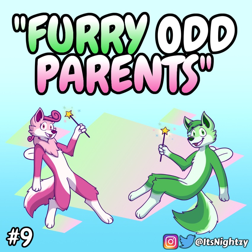 1:1 2019 3_toes anthro canid canine canon_couple cosmo_(fop) duo english_text feet fur green_body green_eyes green_fur husband husband_and_wife instagram instagram_logo itsnightzy magic_wand mammal married_couple meme nickelodeon pink_body pink_eyes pink_fur text the_fairly_oddparents toes twitter twitter_logo wanda_(fop) white_body white_fur wife wings