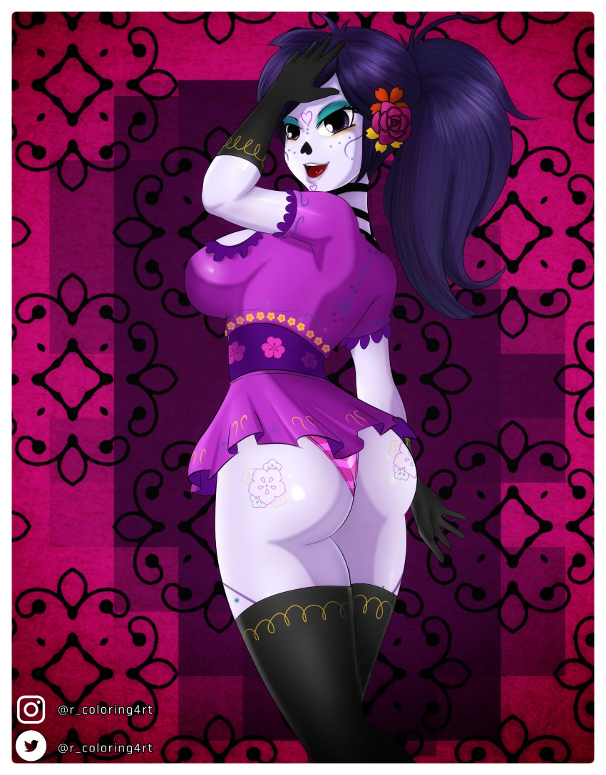 1girls ass big_ass big_breasts black_hair bodypaint breasts catalina_la_catrina dia_de_los_muertos eyeshadow female female_only gloves hair_flower long_hair minidress oppai panties ponytail purple_body purple_eyes purple_skin rcolorsex stockings yellow_sclera