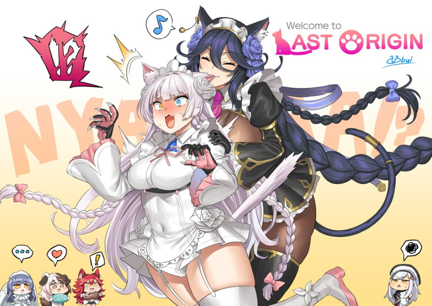 :3 big_breasts biting_ear black_lilith_(last_origin) blush braided_hair cat_ears cat_tail cs_perrault dark_hair fang feline fenrir_(last_origin) hachiko_(last_origin) hachiko_of_castling hair_ornament heterochromia last_origin maid_headdress obui pantyhose poi_(last_origin) snow_feather_(last_origin) surprised thick_thighs thighhighs white_hair