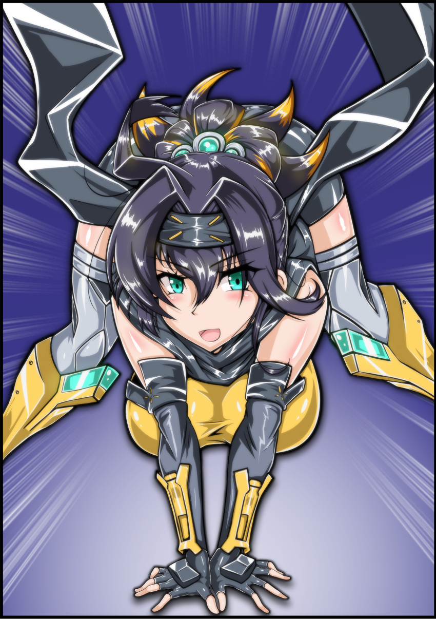 duel_monster female headband jack-o_pose large_breasts s-force_rappa_chiyomaru s:p_little_knight smile tagme_(artist) two-tone_hair yu-gi-oh!