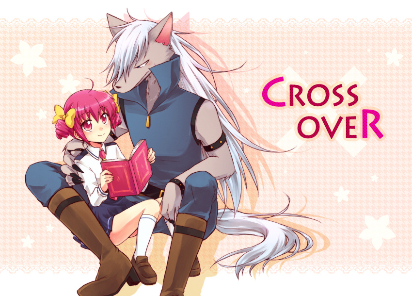 1boy ahoge bad_id bad_pixiv_id blue_eyes book boots couple female furry furry_male furry_with_non-furry hand_on_another's_shoulder height_difference highres hoshizora_miyuki interspecies kousetsu long_hair necktie pants photoshop_(medium) pink_eyes pink_hair pink_necktie precure school_uniform short_hair short_twintails sitting sitting_on_lap sitting_on_person smile smile_precure straight twintails werewolf white_hair wolf_boy wolfrun