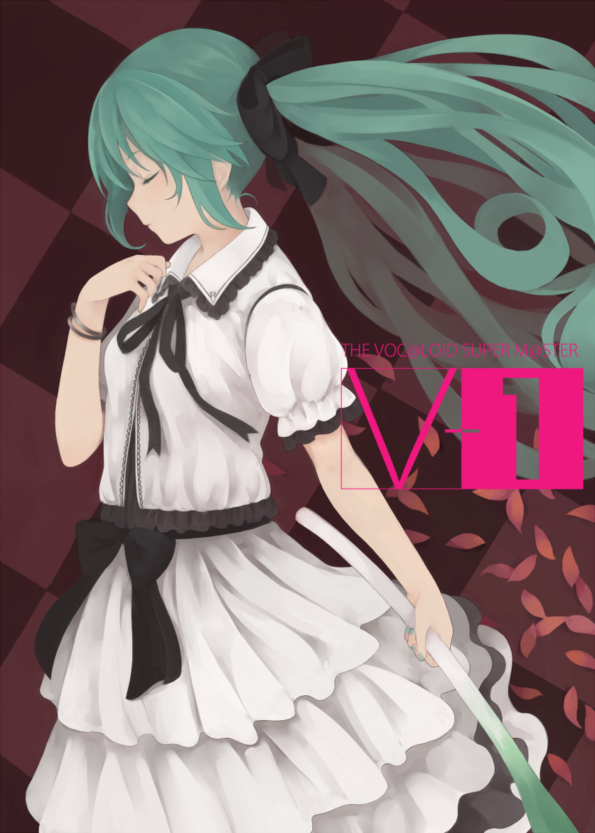 bad_id bad_pixiv_id checkered_background closed_eyes dress female green_hair hatsune_miku highres long_hair nnyu solo spring_onion vocaloid