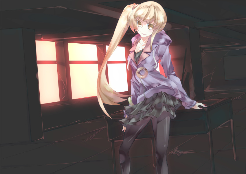 aged_up blonde_hair commentary_request female highres long_hair monogatari_(series) nisemonogatari oshino_shinobu pantyhose side_ponytail solo souyoku teenage window yellow_eyes