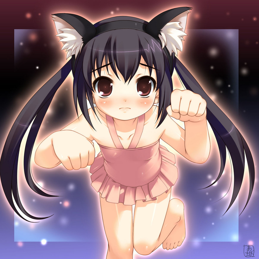 akiba_hideki animal_ears bare_shoulders barefoot black_hair blush cat_ears dress feet frills halterneck k-on! nakano_azusa nyan paw_pose solo twintails