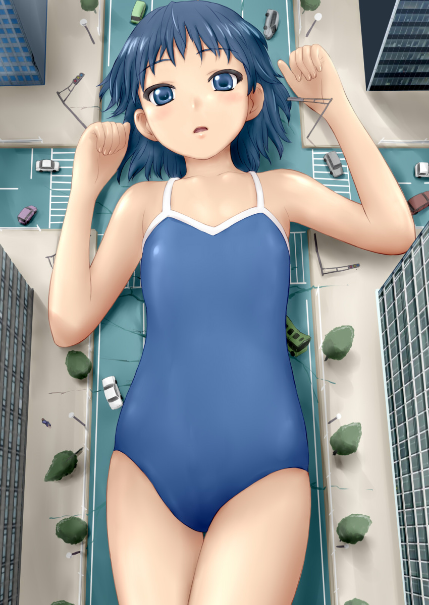 bad_id bad_pixiv_id bare_shoulders blue_eyes blue_hair bus car city commentary_request competition_school_swimsuit crosswalk d: destruction female flat_chest from_above giant giantess highres intersection looking_at_viewer lying manzi motor_vehicle on_back one-piece_swimsuit open_mouth original road school_swimsuit short_hair solo swimsuit tree