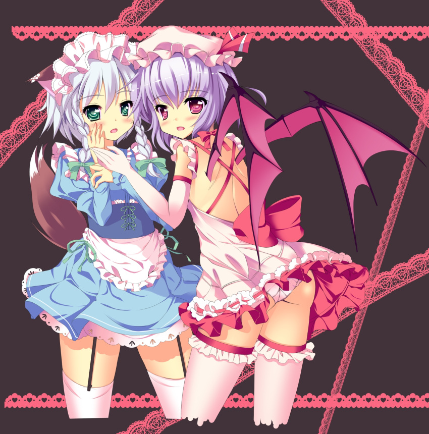 2girls animal_ears apron ass backless_outfit bat_wings blue_skirt blush braid commentary_request dog_ears dog_tail elbow_gloves garter_straps gloves gr green_eyes grey_hair hair_ribbon hat hat_ribbon highres izayoi_sakuya kemonomimi_mode maid multiple_girls natsumiya_yuzu open_mouth panties pink_legwear pink_panties pink_skirt purple_hair red_eyes remilia_scarlet ribbon short_hair skirt tail thighhighs touhou twin_braids underwear upskirt waist_apron white_legwear white_panties wings