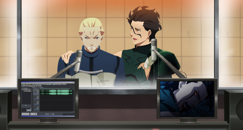 2boys ahoge anger_vein black_hair blonde_hair blood blood_on_face blue_eyes commentary_request diarmuid_ua_duibhne_(lancer)_(fate) fate/zero fate_(series) fourth_wall hair_slicked_back highres kayneth_el-melloi_archibald ldm07 male_focus microphone multiple_boys photoshop_(medium) recording_studio script spoilers tears yellow_eyes