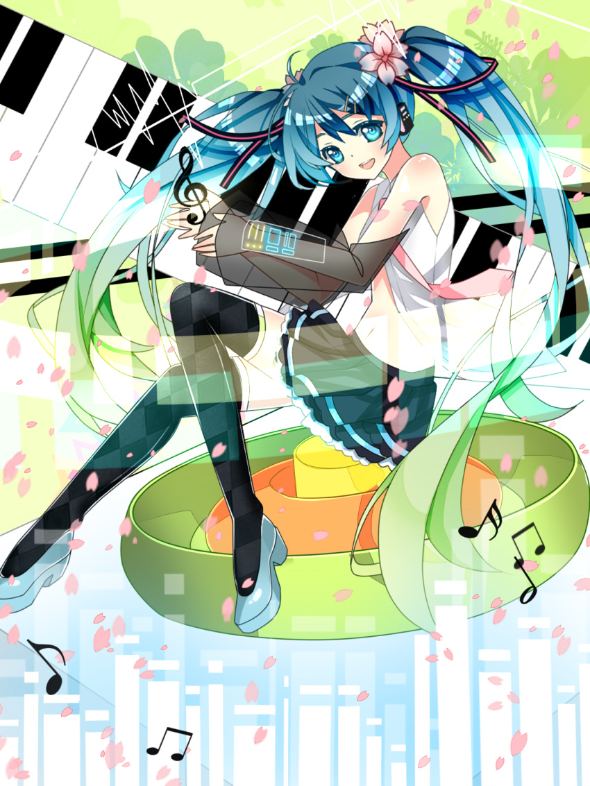 aqua_eyes aqua_hair bad_id bad_pixiv_id detached_sleeves fei_(songyijie) female flower hair_flower hair_ornament hairclip hatsune_miku highres long_hair musical_note navel necktie open_mouth piano_keys see-through shoes skirt solo thighhighs twintails very_long_hair vocaloid