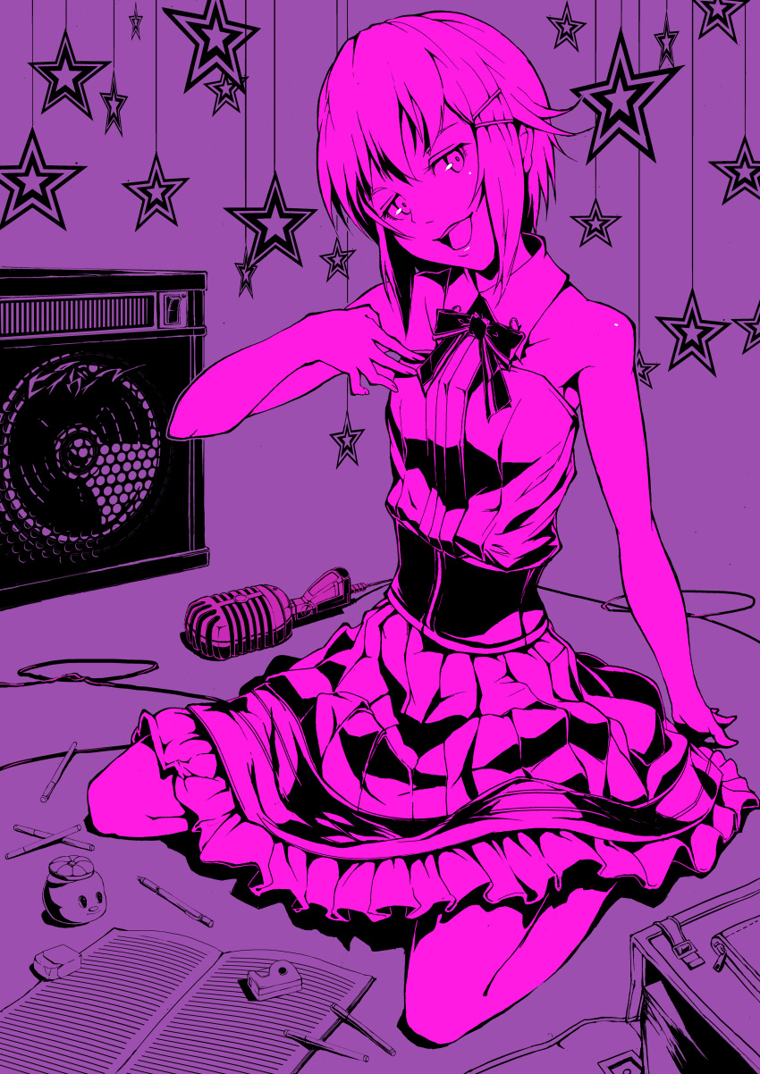 :p absurdres bad_id bad_pixiv_id dress female fukurou_(suga0930) highres idolmaster idolmaster_cinderella_girls koshimizu_sachiko microphone monochrome open_mouth photoshop_(medium) short_hair sitting smile solo speaker star_(symbol) tongue tongue_out wariza