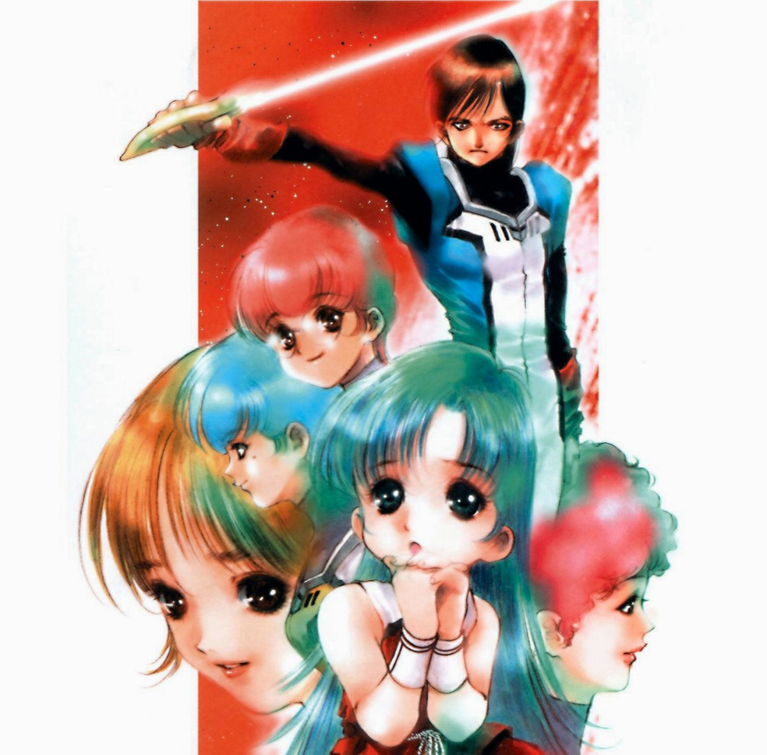 1980s_(style) 1boy 5girls android blue_eyes blue_hair bracelet brown_eyes brown_hair choujikuu_seiki_orguss emaan energy_sword fingerless_gloves glasses gloves green_hair jewelry katsuragi_kei lieea lips maaie mikimoto_haruhiko mimsy_raas mole mome_(orguss) mu_(orguss) multiple_girls official_art orguss pilot_suit promotional_art red_hair retro_artstyle science_fiction shaya_thoov sword traditional_media weapon