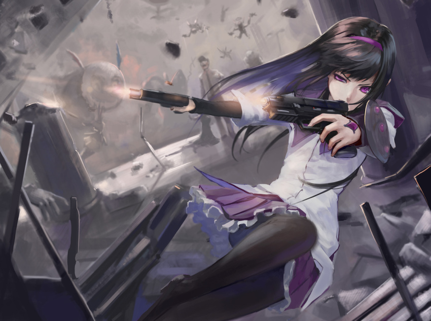 akemi_homura akemi_homura_(magical_girl) arm_shield black_hair casing_ejection charlotte_(madoka_magica) commentary_request dual_wielding dutch_angle female firing fn_five-seven gangsta_hold gun hairband handgun holding long_hair magical_girl mahou_shoujo_madoka_magica mahou_shoujo_madoka_magica_(anime) mami_mogu_mogu mizore_akihiro muzzle_flash pantyhose photoshop_(medium) purple_eyes shell_casing solo spoilers tomoe_mami tomoe_mami_(magical_girl) weapon zombie