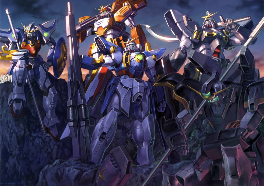 arm_shield beam_rifle blue_eyes energy_gun everyone gatling_gun glowing glowing_eyes green_eyes gun gundam gundam_deathscythe gundam_heavyarms gundam_sandrock gundam_wing highres holding holding_polearm holding_sword holding_weapon kinoshita_tomotake mecha mobile_suit no_humans over_shoulder polearm robot science_fiction shenlong_gundam shield shotel standing sword v-fin weapon weapon_over_shoulder wing_gundam