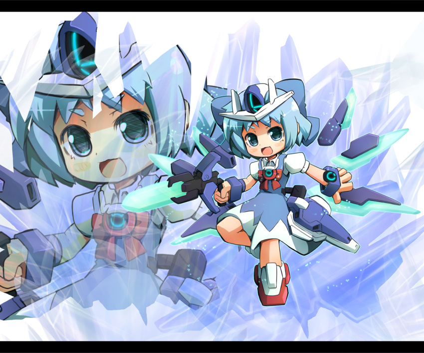 00_qan[t] :d alternate_weapon blue_eyes blue_hair bow cirno commentary_request dress female garoudo_(kadouhan'i) holding holding_weapon letterboxed looking_at_viewer mecha_musume open_mouth photoshop_(medium) ribbon short_hair smile solo touhou weapon zoom_layer