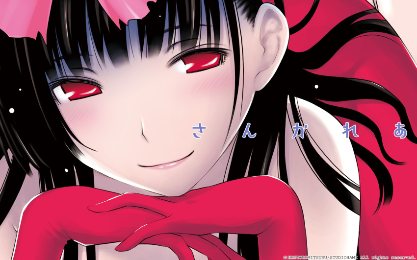 female gloves hattori_mitsuru highres photoshop_(medium) red_eyes sanka_rea sankarea signature simple_background smile solo