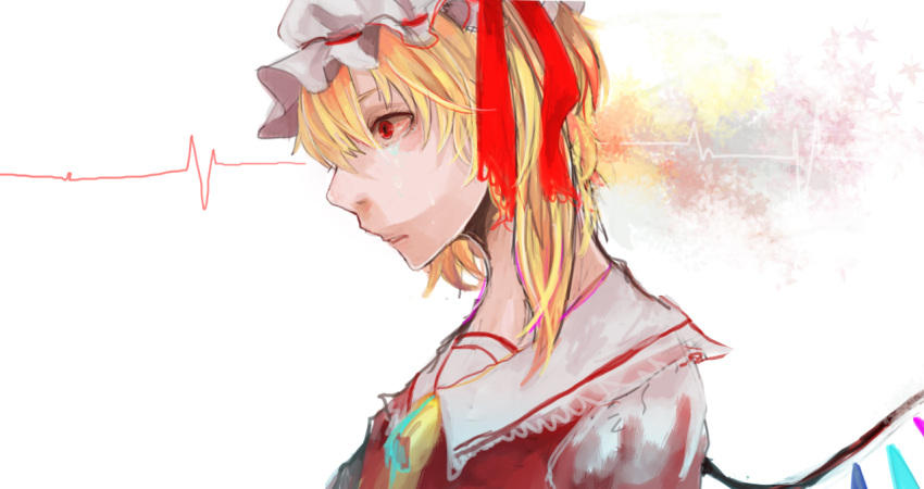 bad_id bad_pixiv_id blonde_hair female flandre_scarlet frea from_side hat hat_ribbon red_eyes ribbon side_ponytail solo touhou wings