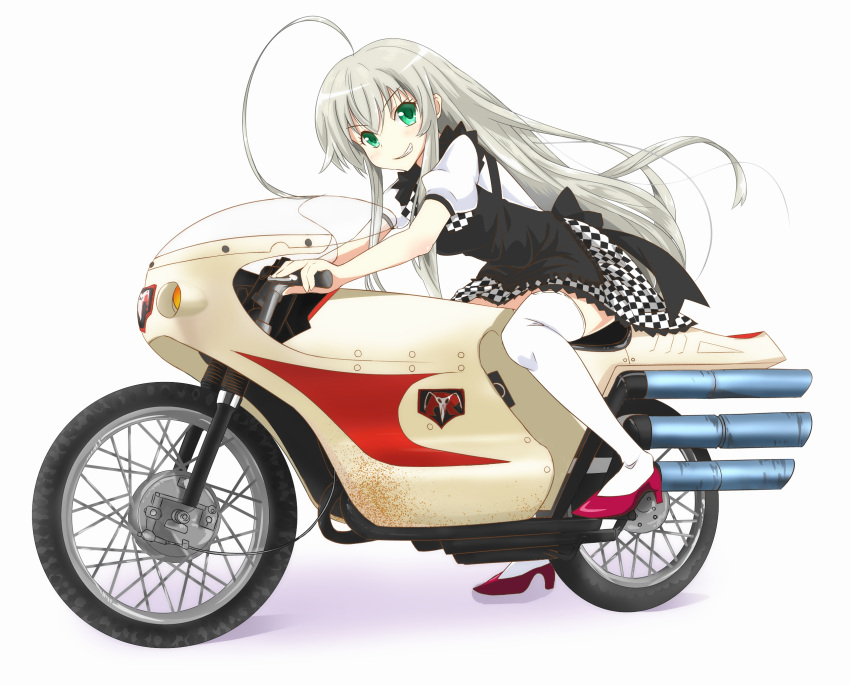 ahoge ameyoshi checkered commentary_request cyclone_(kamen_rider) female green_eyes grey_hair haiyore!_nyaruko-san highres huge_ahoge kamen_rider long_hair motor_vehicle motorcycle nyarlathotep_(nyaruko-san) puffy_sleeves riding simple_background solo thighhighs white_background zettai_ryouiki