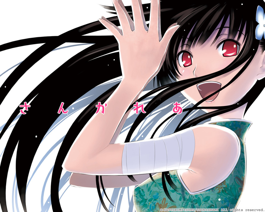 :d bandages bare_shoulders black_hair china_dress chinese_clothes copyright_name dress female floating_hair flower from_side green_dress hair_flower hair_ornament halterneck happy hattori_mitsuru hydrangea long_hair looking_at_viewer looking_back official_art official_wallpaper open_mouth own_hands_together photoshop_(medium) red_eyes sanka_rea sankarea simple_background smile solo upper_body very_long_hair watermark white_background