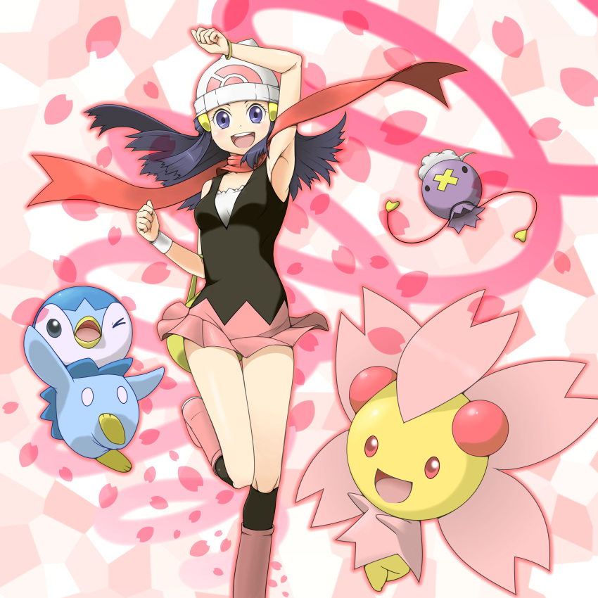 absurdres arm_up armpits beanie black_socks blue_eyes blue_hair boots bracelet cherrim cherrim_(sunshine) commentary_request dawn_(pokemon) drifloon female hat highres jewelry jinteitei kneehighs legs long_hair pink_footwear pokemon pokemon_(creature) pokemon_dppt red_scarf scarf skirt socks