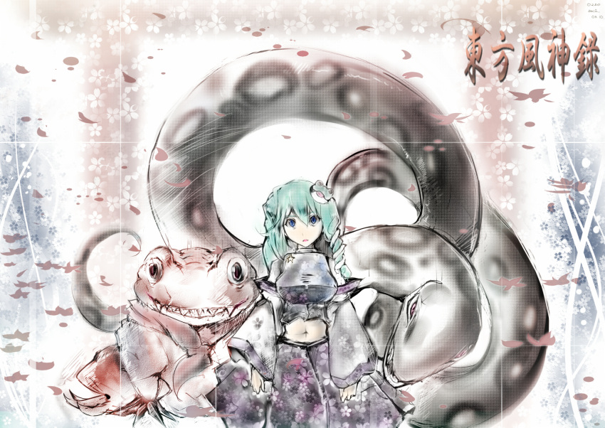 blue_eyes commentary_request female frog green_hair kochiya_sanae nyuu_(manekin-eko) snake solo touhou translation_request