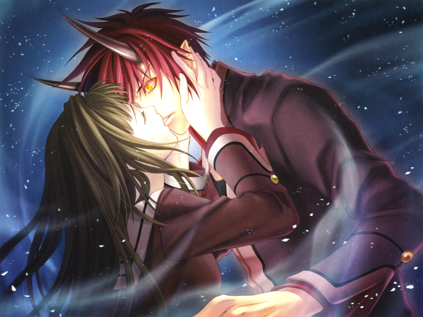 brown_hair hiiro_no_kakera horns kasuga_tamaki kissing long_hair red_hair takuma_onizaki yellow_eyes