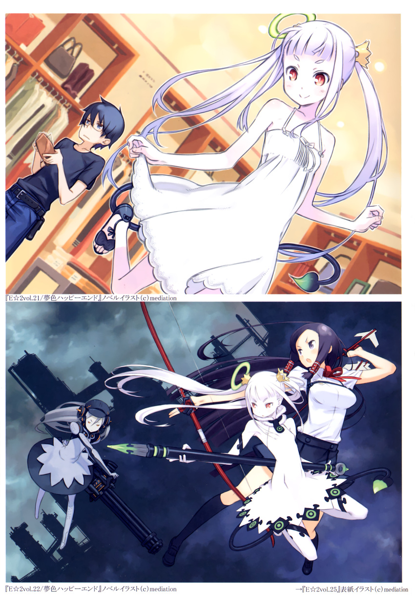 1boy 3girls :< absurdres albino android arrow_(projectile) banknote bare_shoulders black_hair blue_eyes blue_hair blunt_bangs blush boots bow_(weapon) character_request crown demon_tail dress elbow_gloves fingerless_gloves flat_chest gatling_gun glasses gloves gun halo highres kuroboshi_kouhaku long_hair mikanagi_rin money multiple_girls nanashiki_yuuto official_art open_mouth pale_skin palette_(character) pen purple_eyes red_eyes sandals scan school_uniform skirt smile sundress tail thighhighs traditional_halo twintails wallet weapon white_dress white_gloves white_hair white_thighhighs yumeiro_happy_end