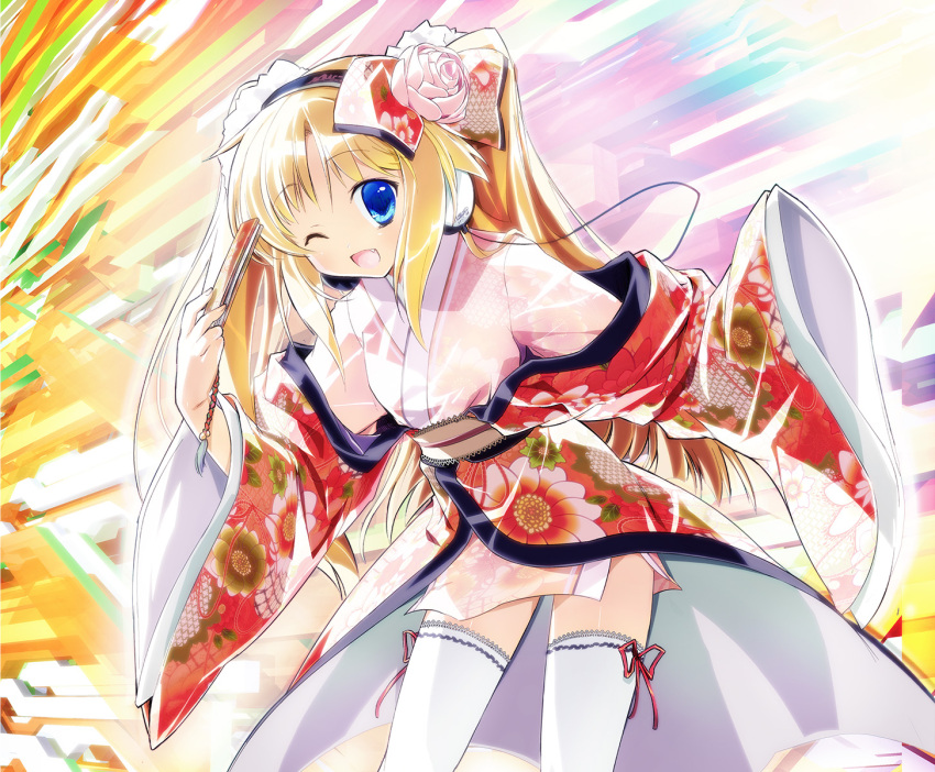 blonde_hair blue_eyes blush commentary_request copyright_request ein_(long_cake) female flower hand_fan headphones highres japanese_clothes long_hair oerba_yun_fang one_eye_closed photoshop_(medium) ribbon solo thighhighs twintails